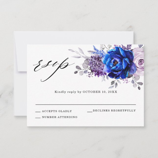 Royal Blue Lilac Lila Floral Wedding RSVP Card (Vorderseite)