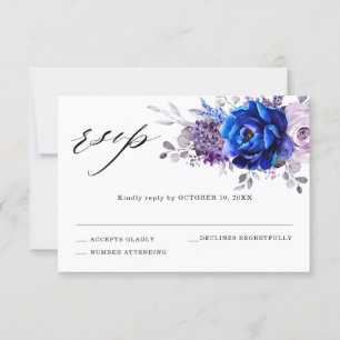 Royal Blue Lilac Lila Floral Wedding RSVP Card