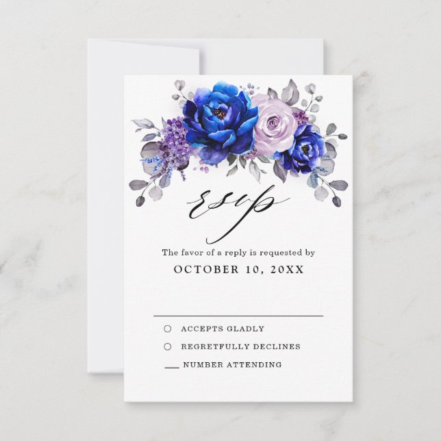 Royal Blue Lilac Lila Floral Wedding RSVP Card Karte (Vorderseite)
