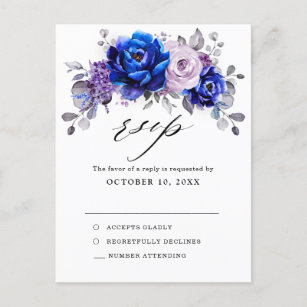 Royal Blue Lilac Lila Floral Wedding RSVP Postkarte