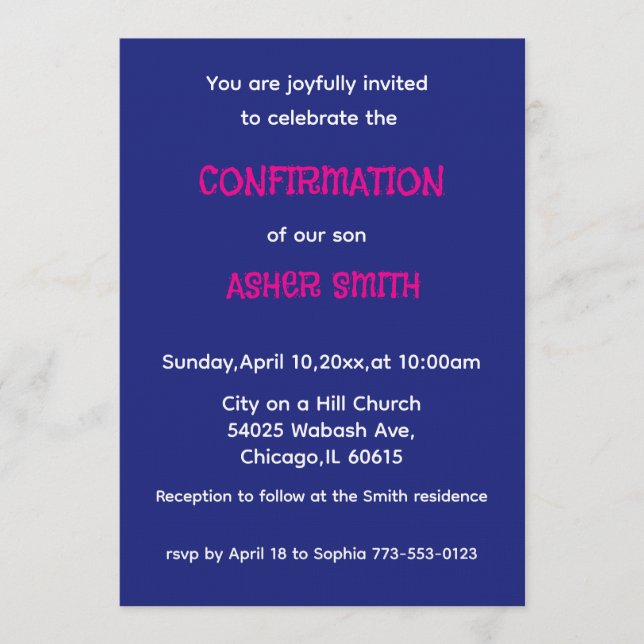 Royal Blue & Magenta Son's Confirmation Invitation Einladung (Vorderseite)