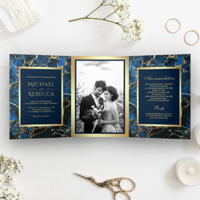 Royal Blue Marble Imitate Gold Foil Foto Hochzeit Dreifach Gefaltete Einladung (Von Creator hochgeladen)