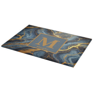 Royal Blue Marble mit Golden Veins Monogram Schneidebrett