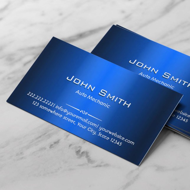 Royal Blue Metal Auto Mechanic Business Card Visitenkarte (Von Creator hochgeladen)