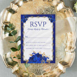 Royal Blue Metallic Elegante Hochzeit mit Flora RSVP Karte