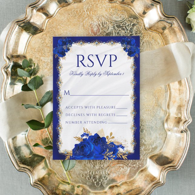 Royal Blue Metallic Elegante Hochzeit mit Flora RSVP Karte (Von Creator hochgeladen)