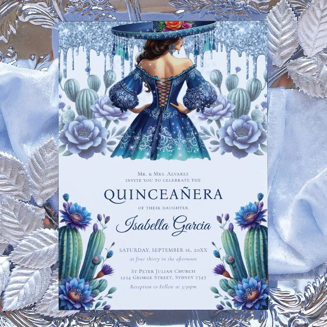Royal Blue Mexican Style Quinceñera Einladung (Von Creator hochgeladen)