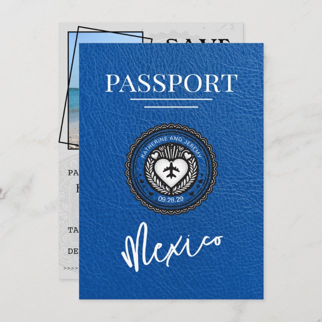 Royal Blue Mexico Passport Save the Date (Vorne/Hinten)