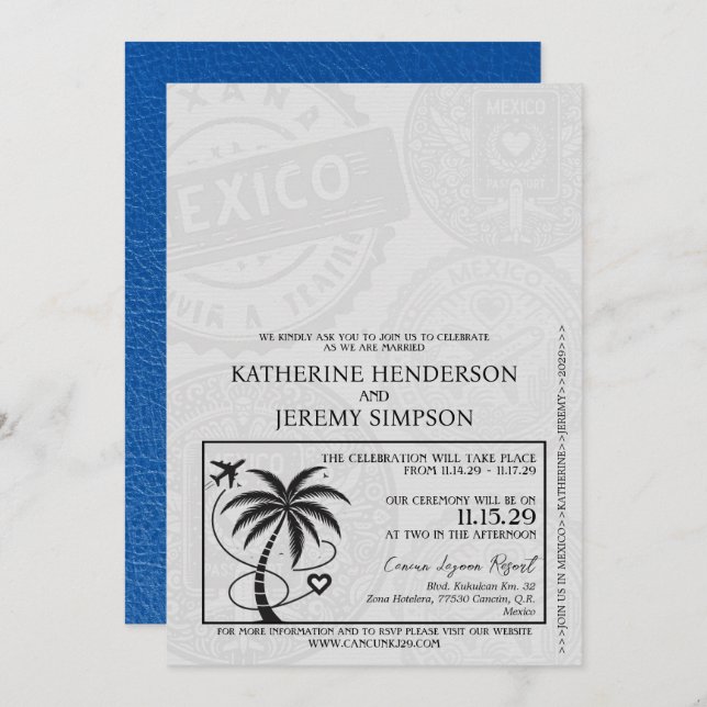 Royal Blue Mexico Passport Wedding Einladung (Vorne/Hinten)