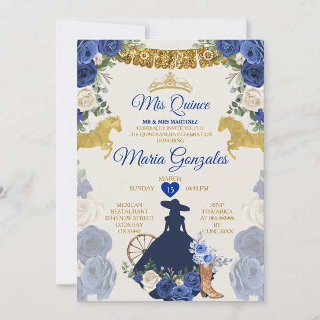 Royal Blue Mis Quince 15 Anos Gold Crown Einladung (Vorderseite)