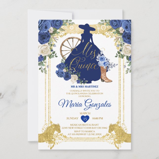 Royal Blue Mis Quince 15 Anos Gold Glitzer Einladung (Vorderseite)