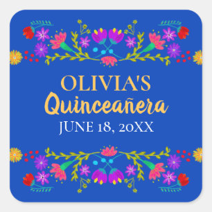 Royal Blue Mis Quince Anos Mexican Fiesta Blume Quadratischer Aufkleber