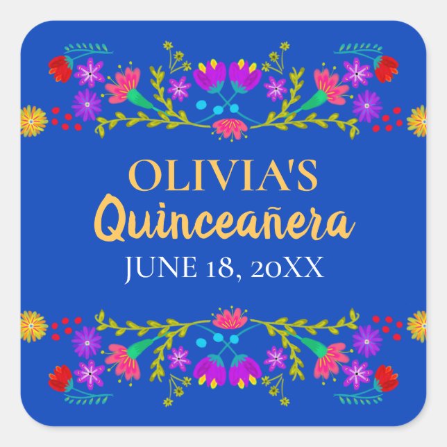 Royal Blue Mis Quince Anos Mexican Fiesta Blume Quadratischer Aufkleber (Vorderseite)