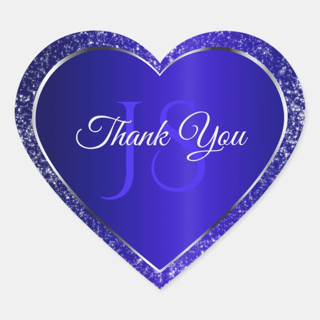 Royal Blue mit Glitzer Initials Niedlich Danke Herz-Aufkleber (Vorderseite)