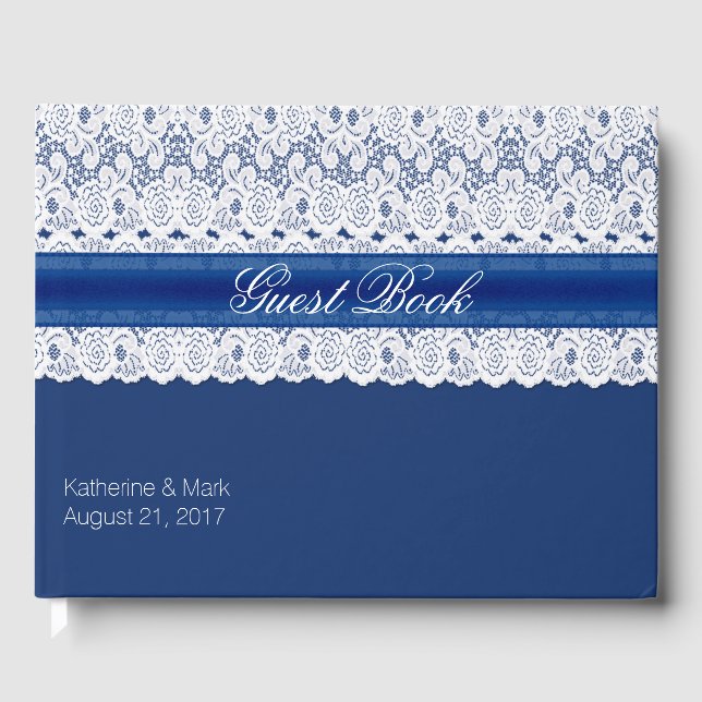 Royal Blue mit Lace Wedding Guest Book Gästebuch (Vorderseite)