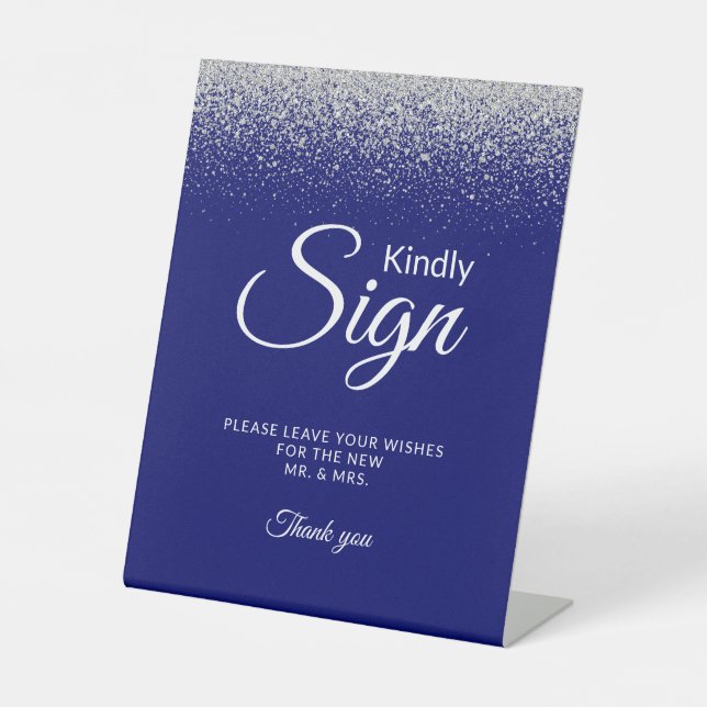 Royal Blue Modern Silver Glitzer Guest Book Sign Sockelschild (Vorderseite)