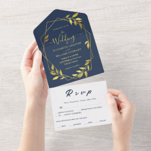 Royal Blue Navy Botanical Geometric Wedding All In One Einladung