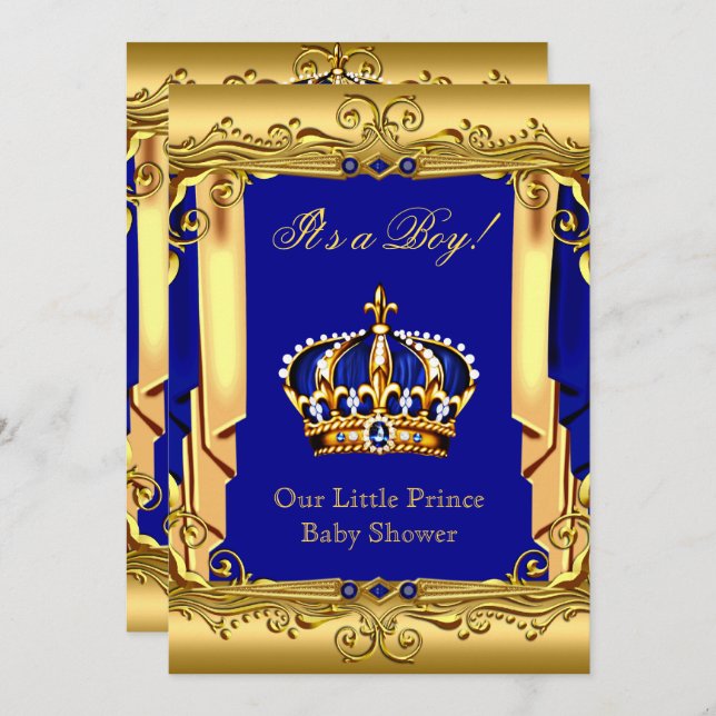 Royal Blue Navy Gold Crown Baby Dusche Einladung (Vorne/Hinten)