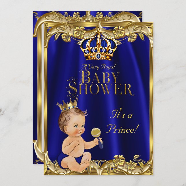 Royal Blue Navy Gold Prince Baby Dusche Brünett Einladung (Vorne/Hinten)