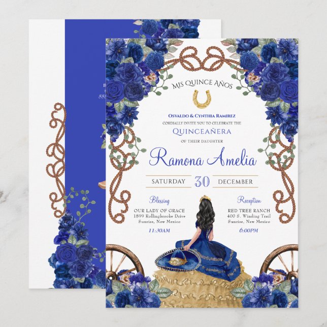 Royal Blue Navy Rose Charra Western Quinceañera Einladung (Vorne/Hinten)