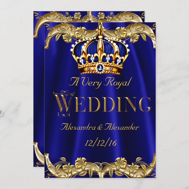 Royal Blue Navy Wedding Gold Crown Einladung (Vorne/Hinten)