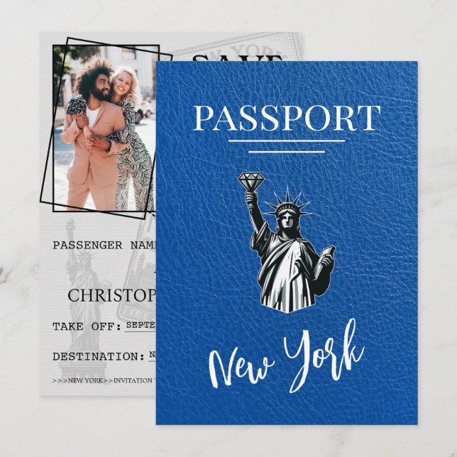 Royal Blue New York City Passport Save the Date (Vorne/Hinten)