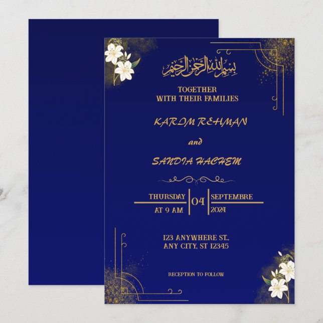 Royal Blue Nikah Islamische Hochzeitseinladung Einladung (Vorne/Hinten)