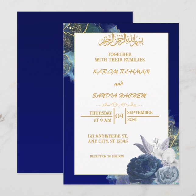 Royal Blue Nikah Islamische Hochzeitseinladung Einladung (Vorne/Hinten)