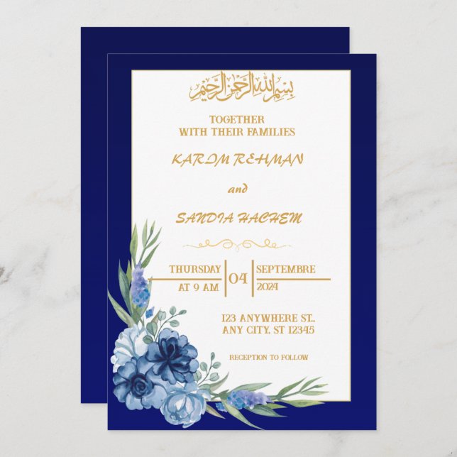 Royal Blue Nikah Islamische Hochzeitseinladung Einladung (Vorne/Hinten)