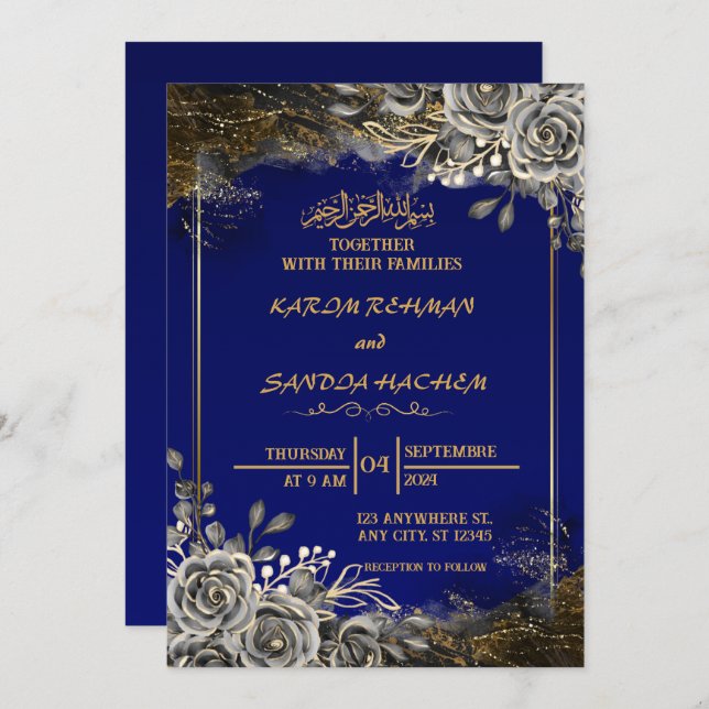 Royal Blue Nikah Islamische Hochzeitseinladung Einladung (Vorne/Hinten)