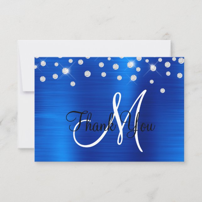 Royal Blue Ombre Foil Kristall Confetti Monogram Dankeskarte (Vorderseite)