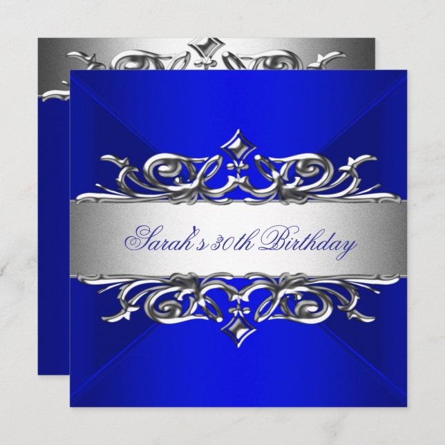 Royal Blue On Silver 30. Geburtstag Party Einladung (Vorne/Hinten)