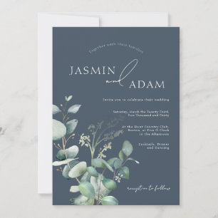 Royal Blue Opulence Eucalyptus Monogram Wedding Einladung
