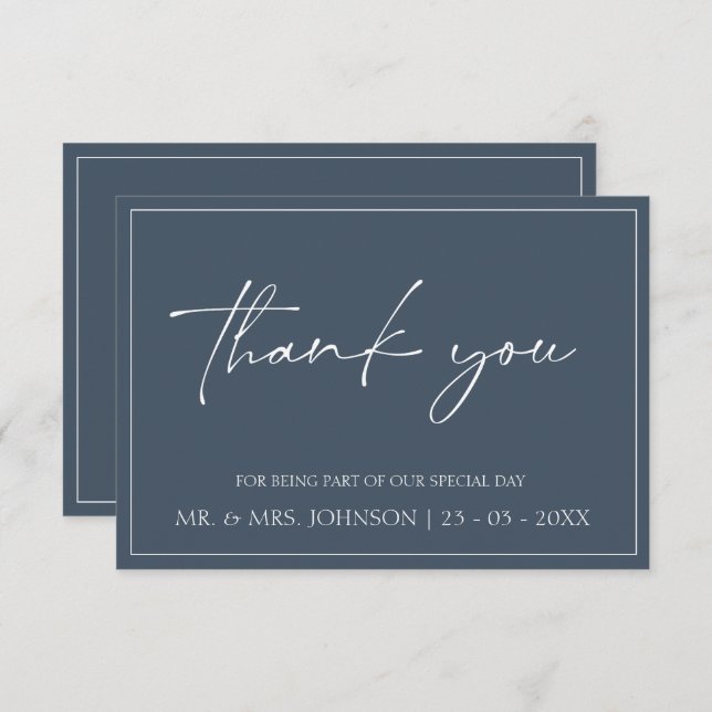 Royal Blue Opulence Script Wedding Danke Card (Vorne/Hinten)