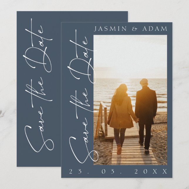 Royal Blue Opulence Typografy Foto Wedding Save The Date (Vorne/Hinten)
