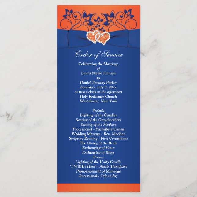 Royal Blue, Orange Floral, Hearts Wedding Program Programm (Vorderseite)