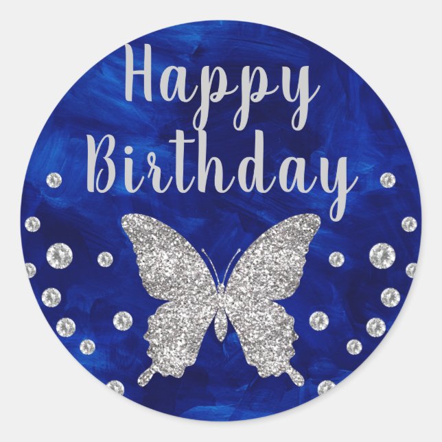 Royal Blue Paintbrush Silber Butterfly Geburtstag Runder Aufkleber (Vorderseite)