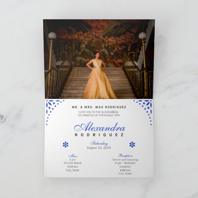 Royal Blue Papel Picado Mis Quince Años Einladung (Innenseite)