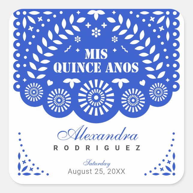 Royal Blue Papel Picado Mis Quince Años Quadratischer Aufkleber (Vorderseite)