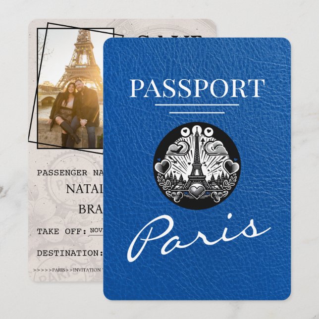 Royal Blue Paris Passport Save the Date (Vorne/Hinten)