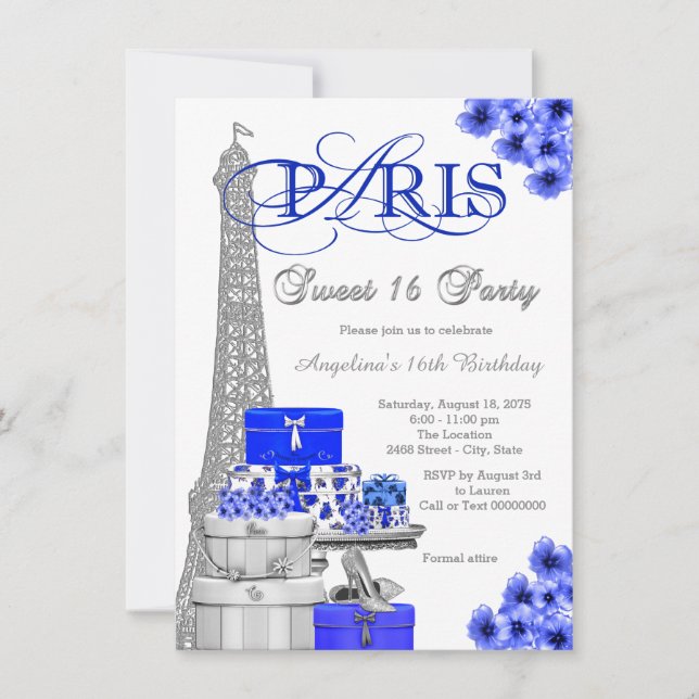 Royal Blue Paris Sweet 16 Party Einladung (Vorderseite)