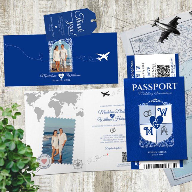 Royal Blue Passport Style Hochzeit in Urlaubsort Einladung (Von Creator hochgeladen)