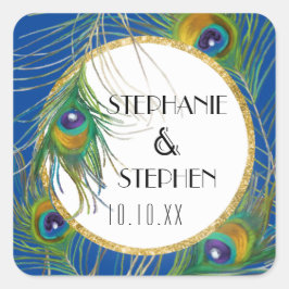 Royal Blue Peacock Feathers w Gold Imitats Glitzer Quadratischer Aufkleber