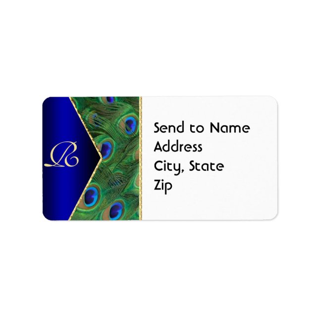 Royal Blue Peacock Monogram Address Label Adressaufkleber (Vorne)