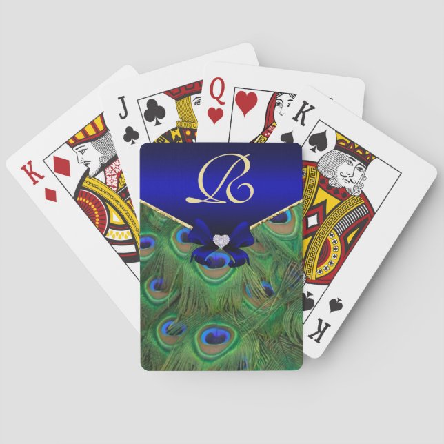 Royal Blue Peacock Monogram Playing Cards Spielkarten (Rückseite)