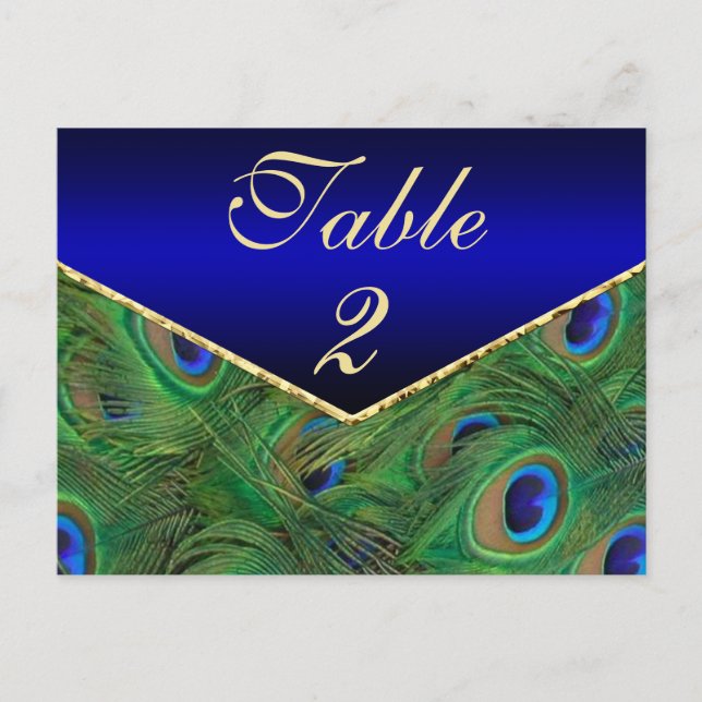 Royal Blue Peacock Tischnummer Card (Vorderseite)