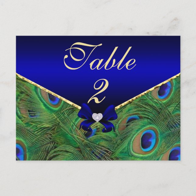 Royal Blue Peacock Tischnummer Card (Vorderseite)