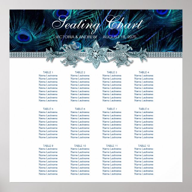 Royal Blue Peacock Wedding Chart Poster (Vorne)