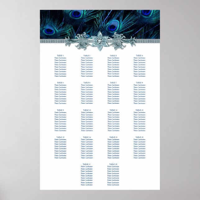 Royal Blue Peacock Wedding Chart Poster (Vorne)