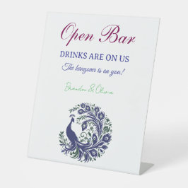 Royal Blue Peacock Wedding Open Bar Pedestal Sign Sockelschild